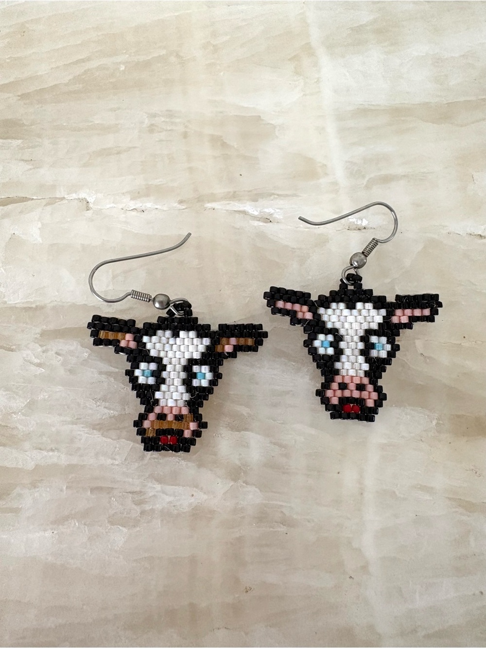 Vintage seed Beaded Cow Head Dangle Earrings - Black, White, Pink